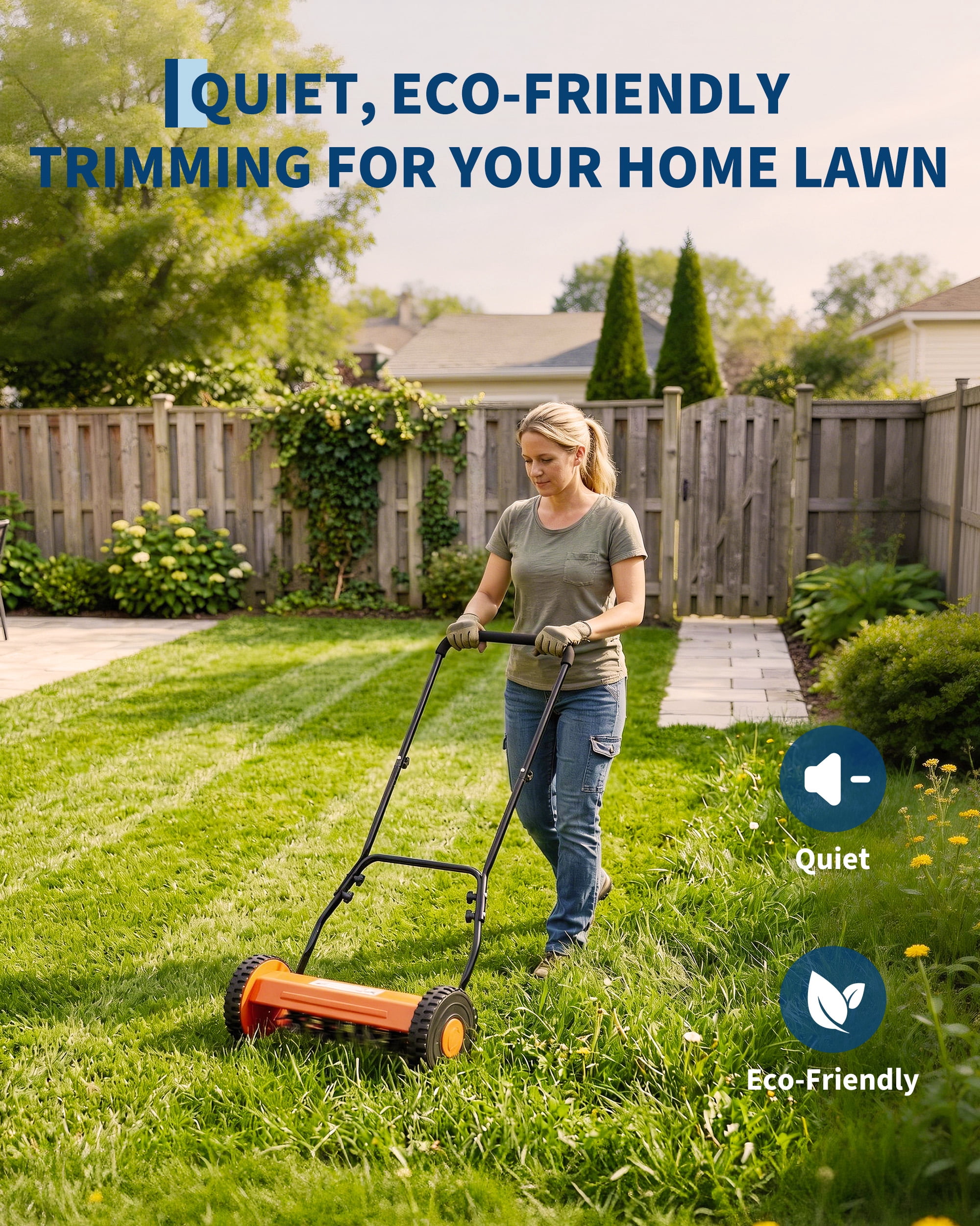 14" Push Reel Lawn Mower, 5-Blade Manual Walk-Behind Lawn Mower with Adjustable Cutting Height, Compact Push Mower for Small Yards, Orange