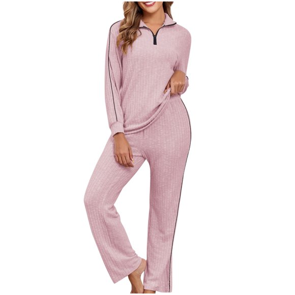 Womens Pajama Sets Women's Pajama Set with Half Zipper and Solid Color Top and Bandage Pants Womens Pajama Pants
