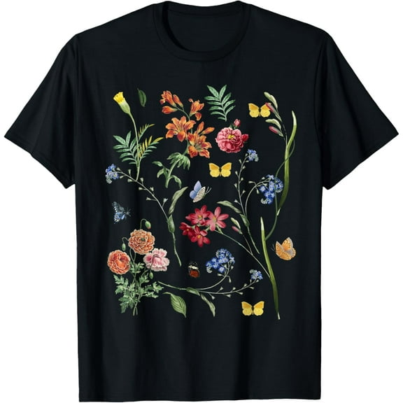 Vintage Wild Botanical Flower Cottagecore Gardening Lover T-Shirt men and women can wear, black, white, gifts