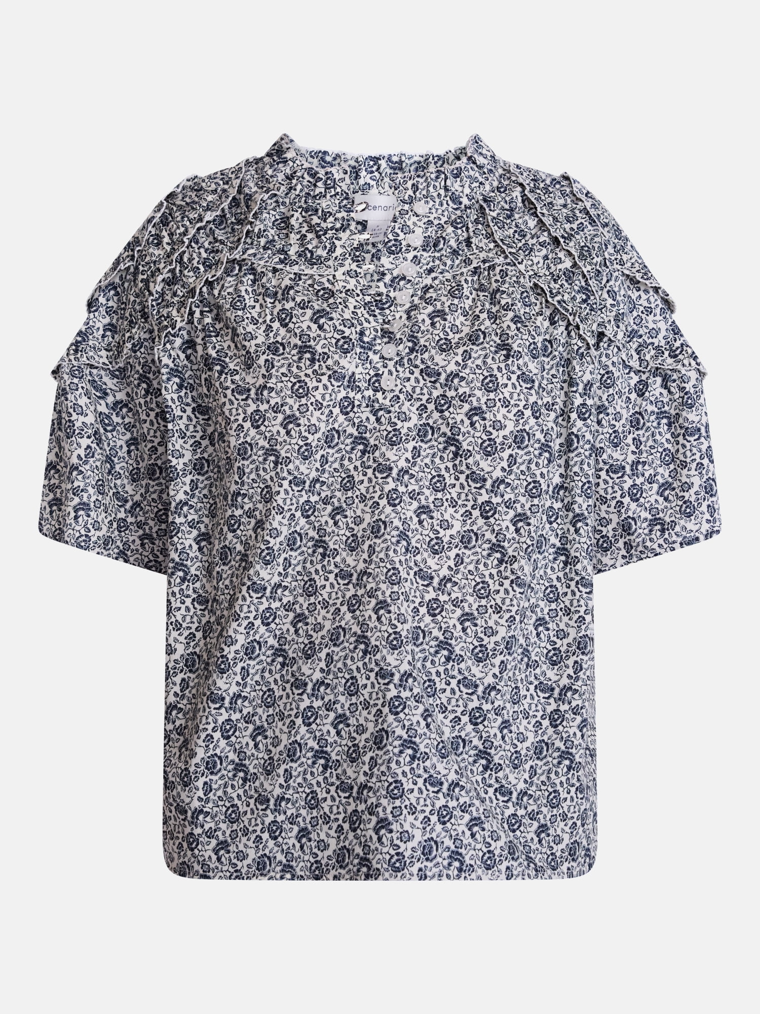Scenario Women's Gathered Cotton Voile Top with Short Sleeves, Size XS-XXXL