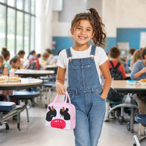 Cute Cartoon Fox Insulated Lunch Tote Bag for Kids, Pink Animal Print Portable Thermal Cooler Handbag for School Picnic Travel Food Storage