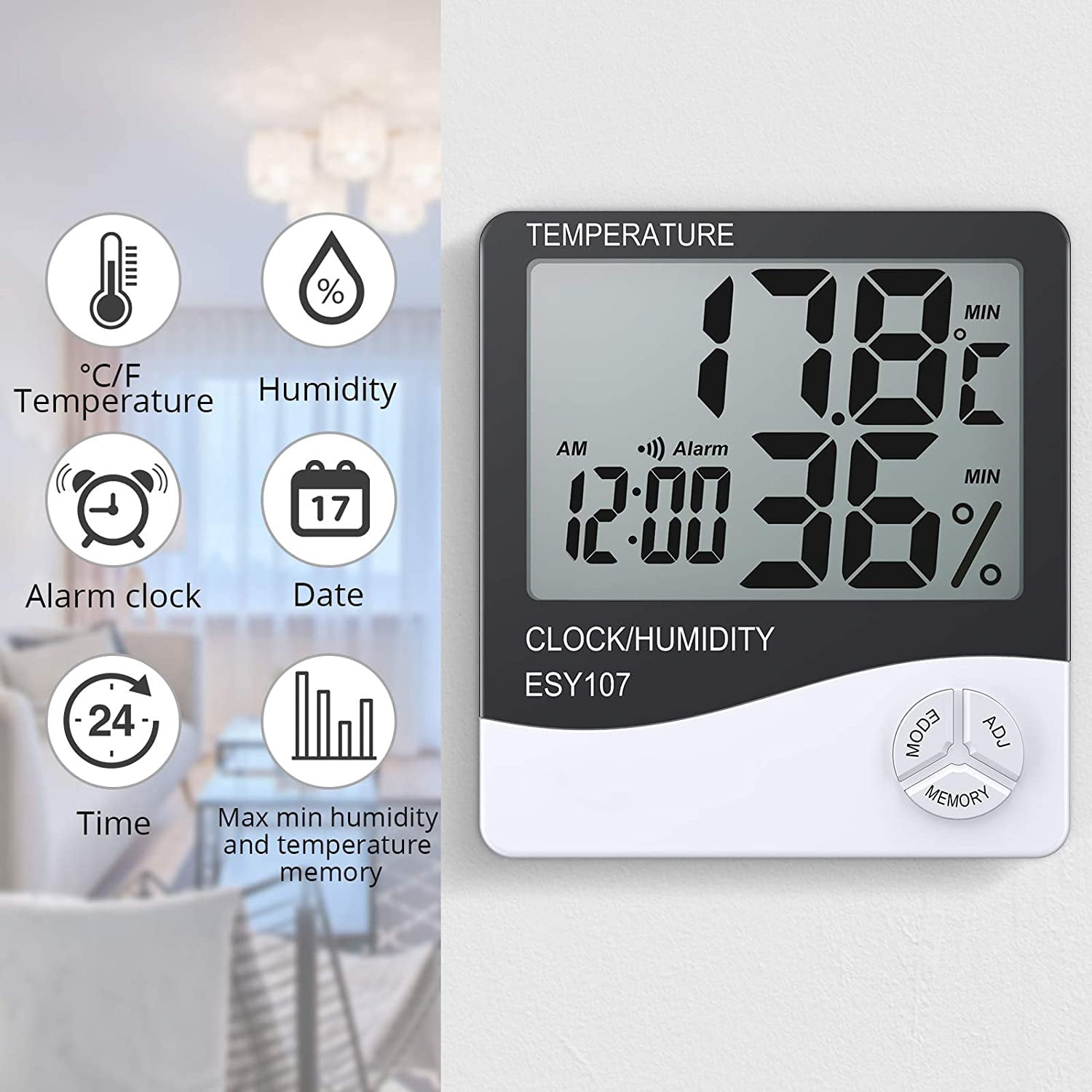 2 pieces indoor LCD digital temperature hygrometer with LCD display temperature meter humidity meter and system time 12 hours/ 24 hours with alarm