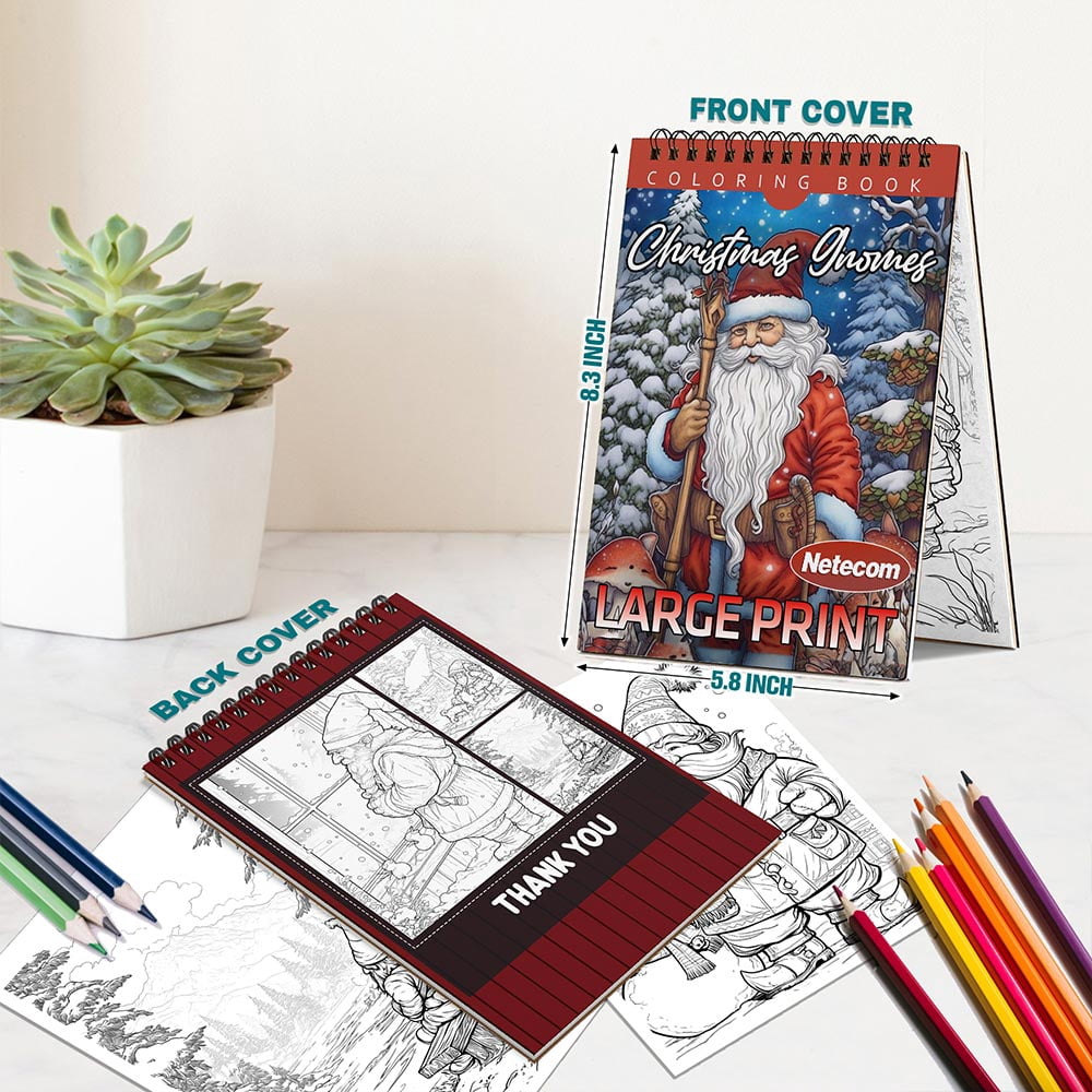 Netecom Christmas Gnomes Coloring Book Spiral Bound For Adult, A5 Wooden Cover, 30 Delightful Coloring Pages of Gnomes Spreading Holiday Cheer for Stress Relief and Relaxation