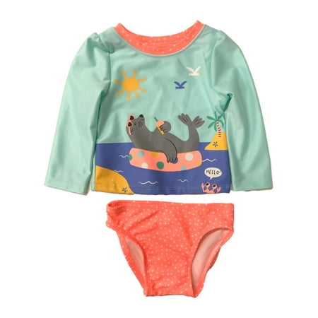 

Infant & Toddler Girls 2pc Blue & Orange Seal Rash Guard Swim Suit Set 4T
