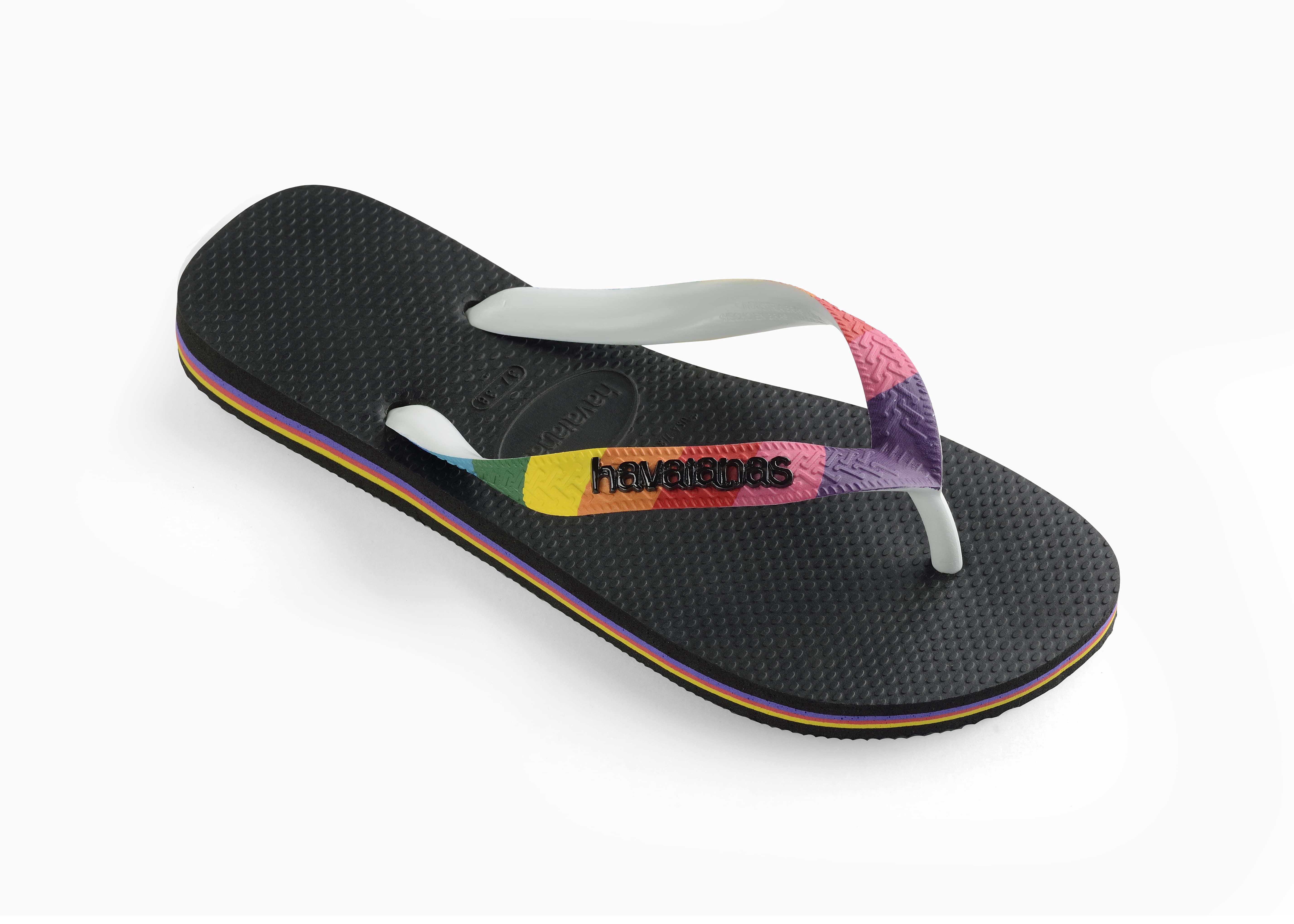 Havaianas Men's Top Pride Strap Flip Flop Sandal - Black with Rainbow Strap  