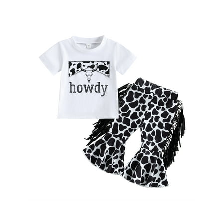 

Bagilaanoe 2pcs Toddler Baby Girl Long Pants Set Letter Print Short Sleeve T-shirts Tops + Tassel Flare Trousers 6M 12M 18M 24M 3T 4T Kids Casual Outfits
