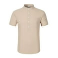 thumbnail image 1 of Playeras Elvqul para Hombre Playa Manga Corta de Color Sólido Con Bolsillos Abotonada Cuello Mao Caqui, 1 of 6