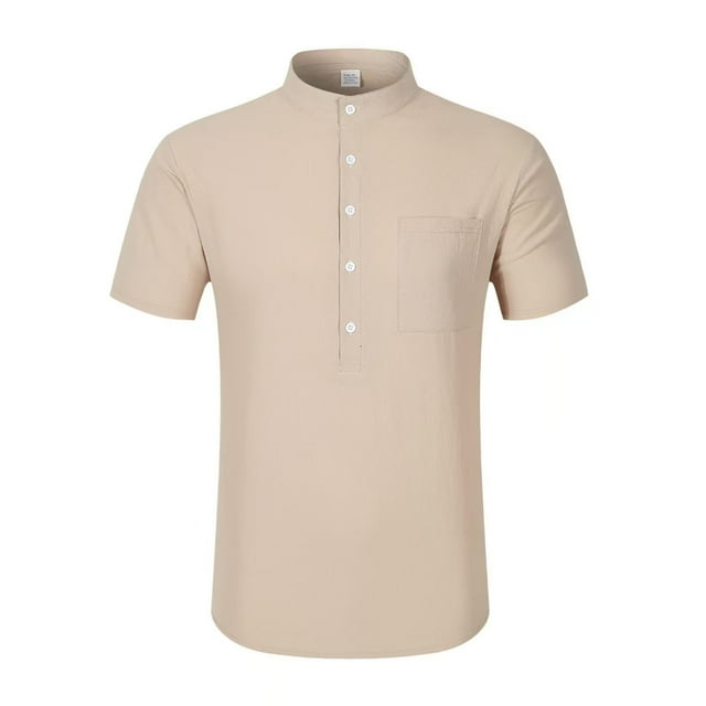 Playeras Elvqul para Hombre Playa Manga Corta de Color Sólido Con Bolsillos Abotonada Cuello Mao Caqui