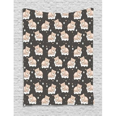 Cloud B Bear Kids Tapestry, Adorable Teddy Bears Sleeping on Clouds with Stars and Dots Night Time Dream, Wall Hanging for Bedroom Living Room Dorm Decor, 60W X 80L Inches, Dark Taupe Tan White, by Ambesonne ()