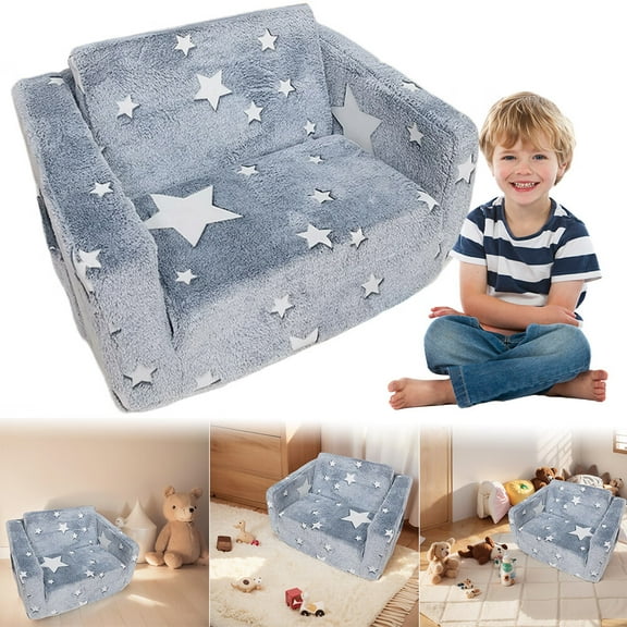 Toddler Kids Couch Convertible Sofa To Lounger for Girls and Boys (Gray Stars)
