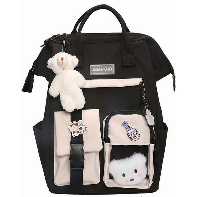 Kawaii Backpack with Kawaii Pin and Accessories Backpack Cute Aesthetic Backpack Cute Kawaii Backpack for School (Black) Black -
