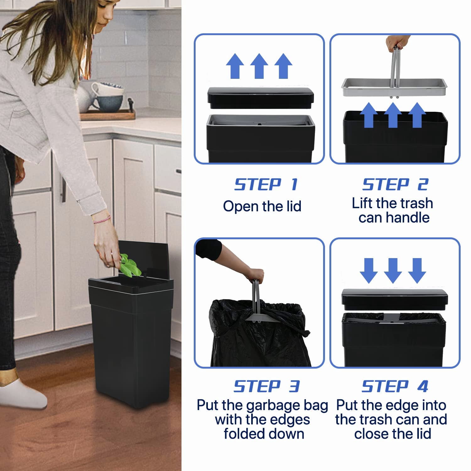 13 Gallon Automatic Trash Can High Capacity Plastic Garbage Can Trash Bin with Lid for Kitchen Living Room Office Bathroom, 50L Motion Sensor Automatic Trash Can, Black