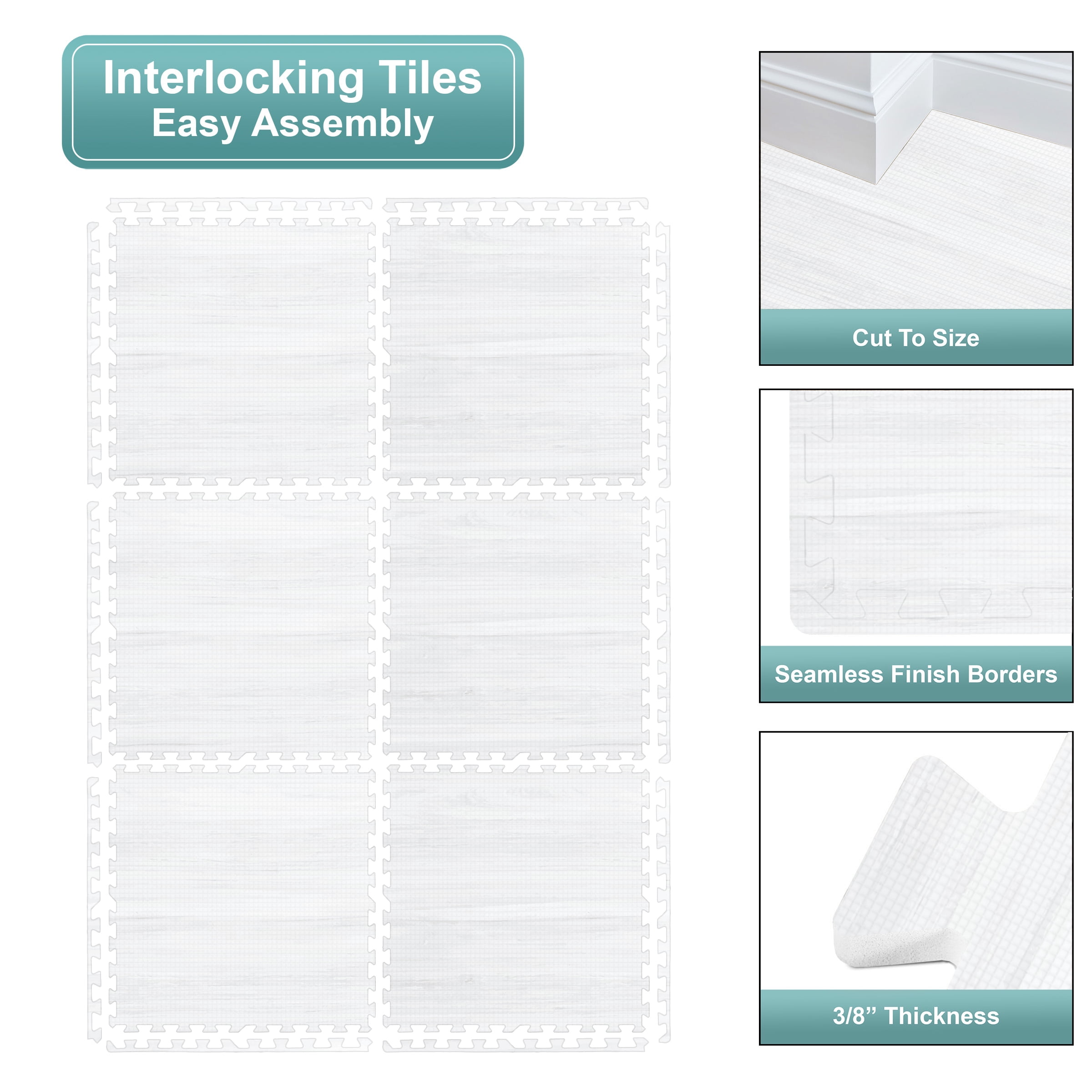 Sorbus Waterproof Wood Grain Foam Floor Tiles, 36 Tiles, 144 Sq Ft, Interlocking, White