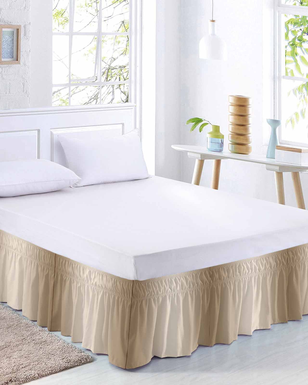 Beige Ombre Bed Skirt Queen Size, Modern Gradient Abstract Art Wrap Around Bed Skirting with Adjustable Elastic Strap, Dust Ruffle Pleated Bedskirts 16 Inch Drop for Bedroom Queen Beds