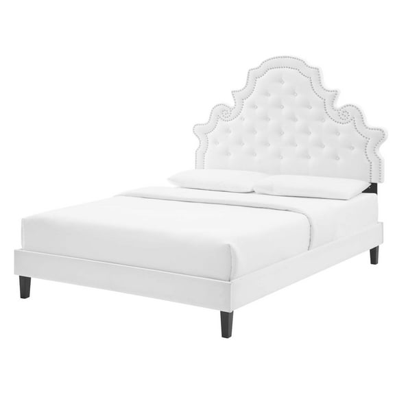 Tufted Platform Bed Frame, Full Size, Velvet, White, Modern Contemporary Urban Design, Bedroom Master Guest Suite