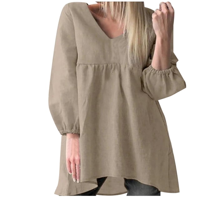 Vestido sólido sexy de manga larga con cuello en V suelto informal de talla grande de invierno para mujer Fridja yut4483