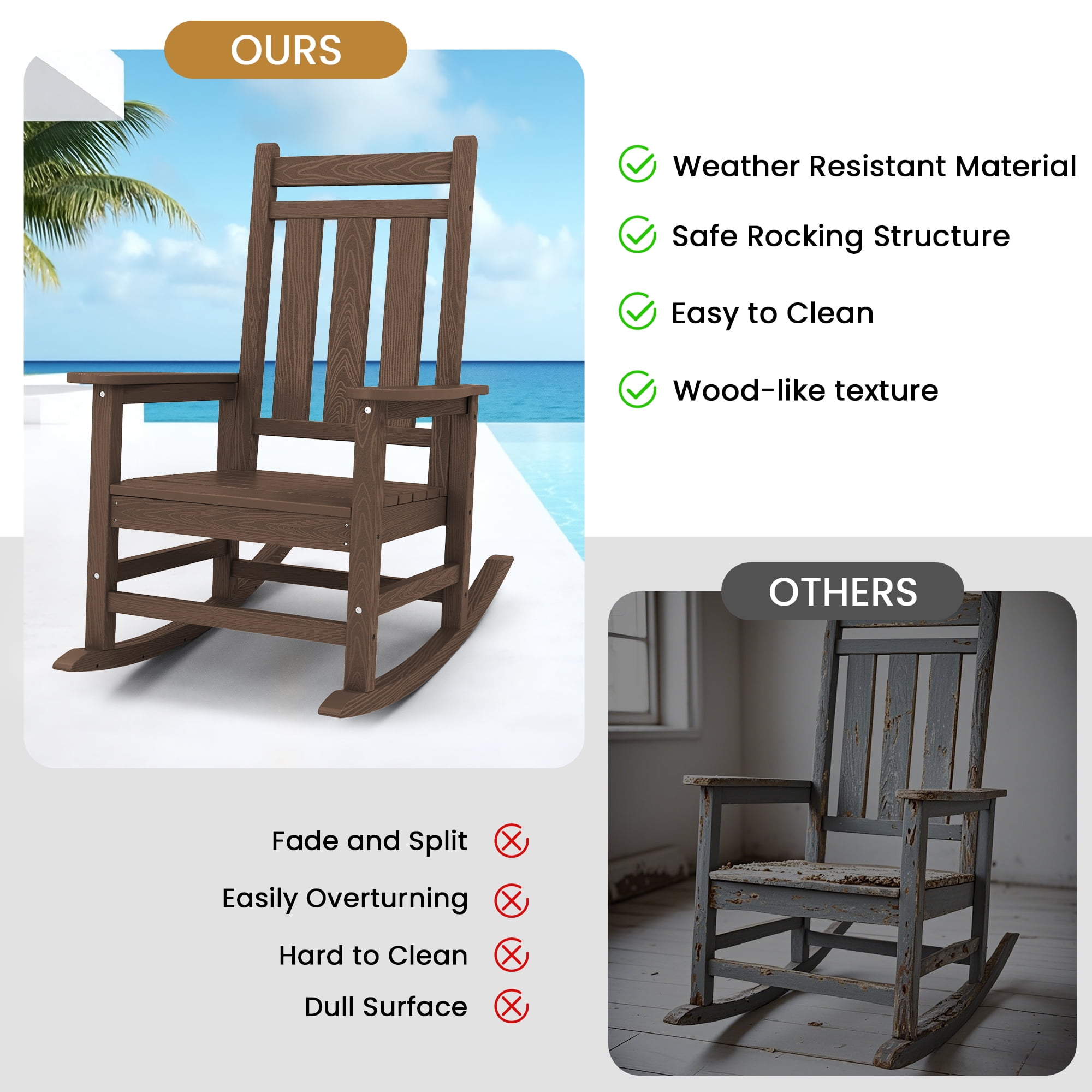 KINGYES Outdoor Rocking Chair Set of 2 HDPE All Weather Patio Rocker for Garden Lawn, Brown
