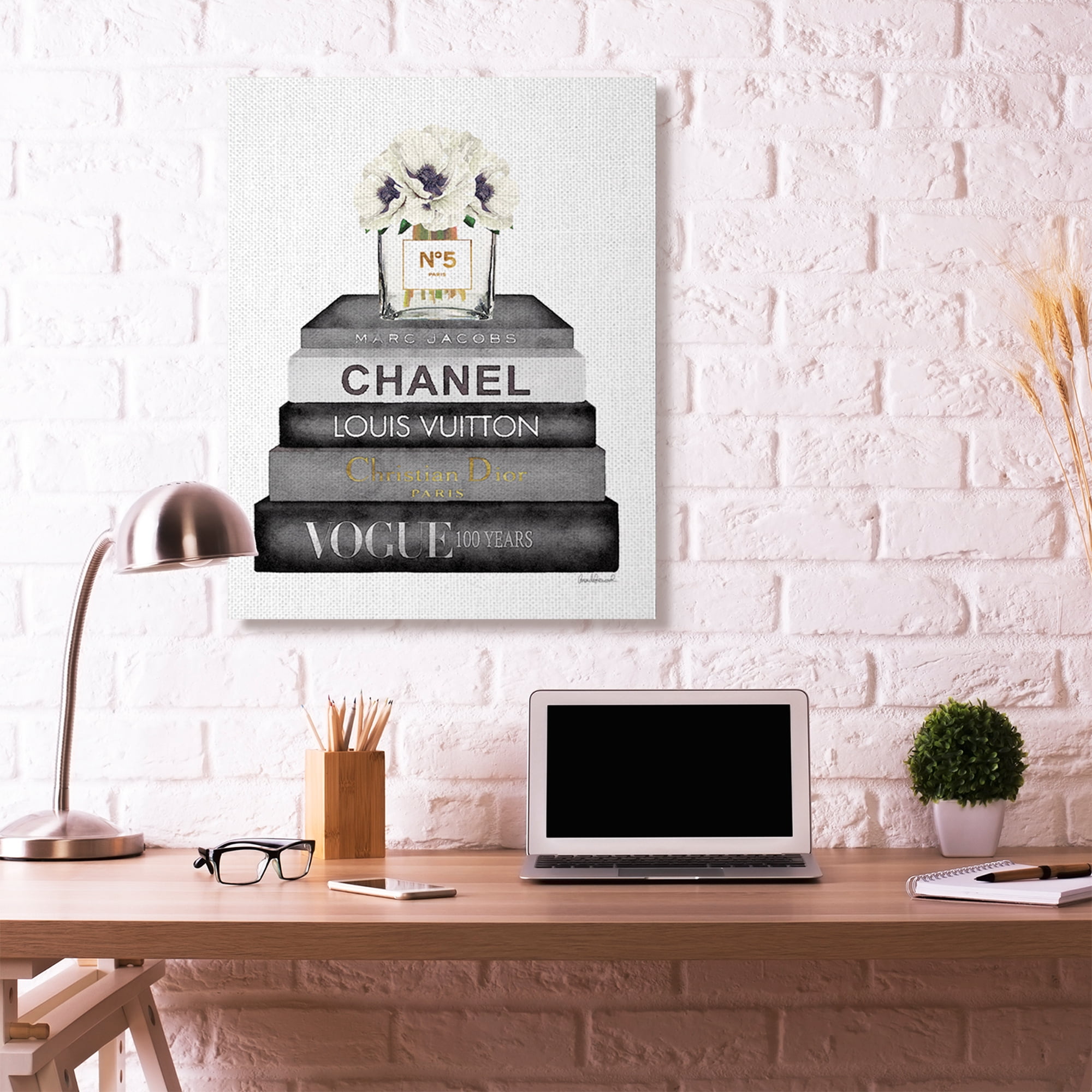 Stupell Industries Fashion Designer Flower Bookstack Black And White Watercolor Canvas Wall Art by Amanda Greenwood