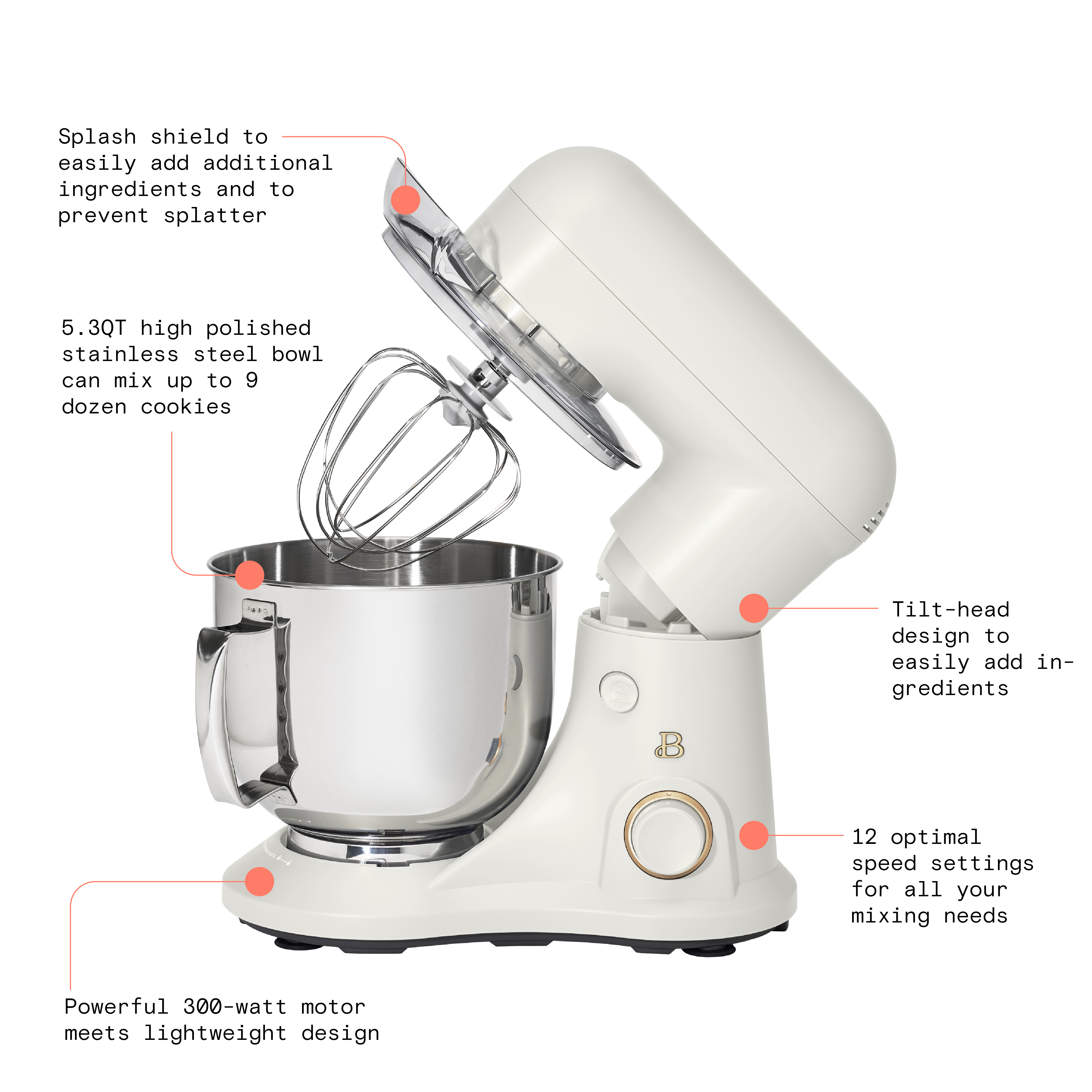 Beautiful 5.3 Qt Stand Mixer, Lightweight & Powerful with Tilt-Head, White Icing by Drew Barrymore - image 5 of 16