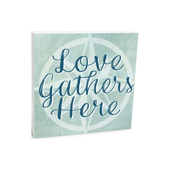 Love Gathers Here Mint Geometric 10 x 10 Wood Tabletop Sign Plaque