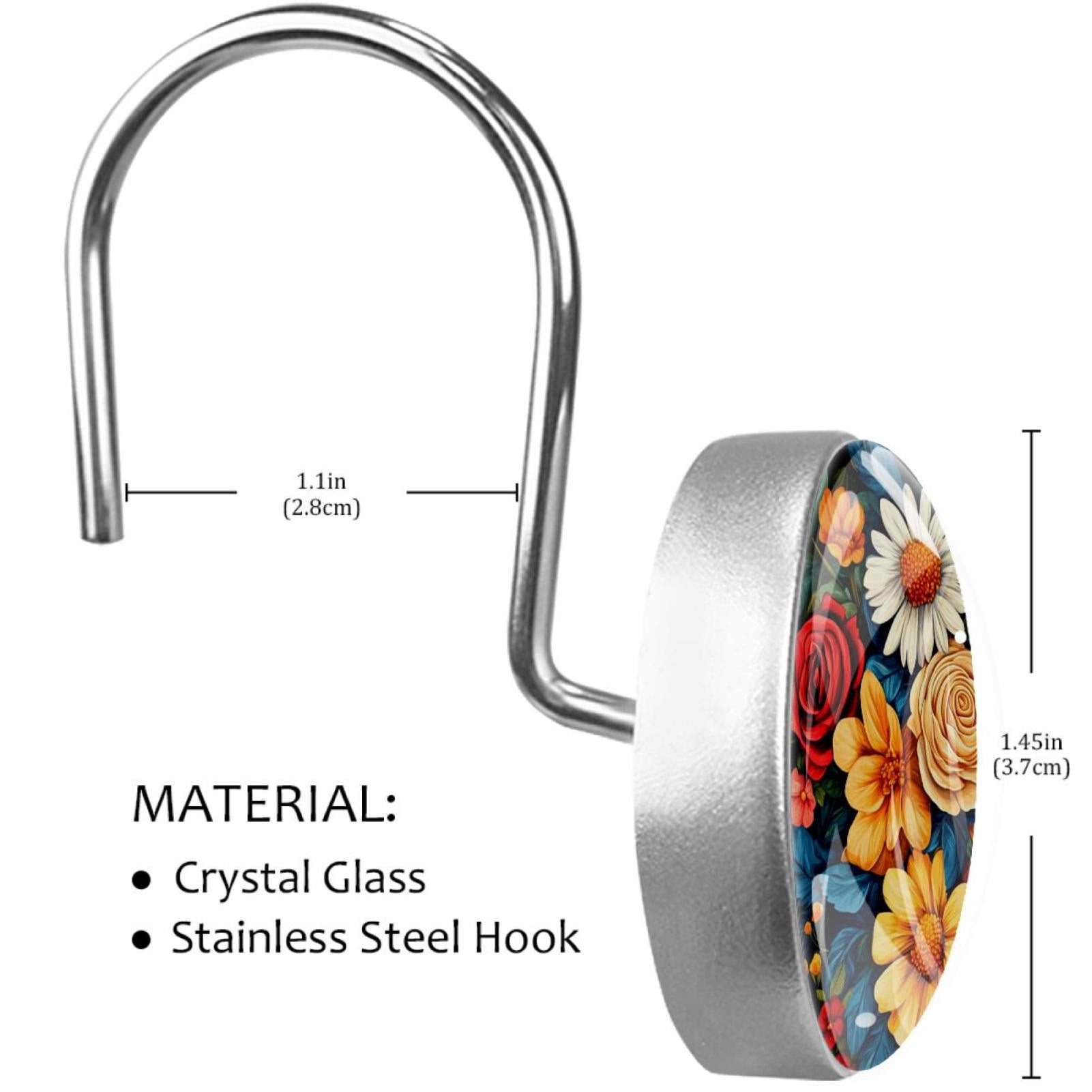 Blossom Daisy Red Roses Shower Curtain Hooks Round Crystal Glass, Set of 12 Shower Curtain Rings - Shower Hooks for Curtain Shower Rings