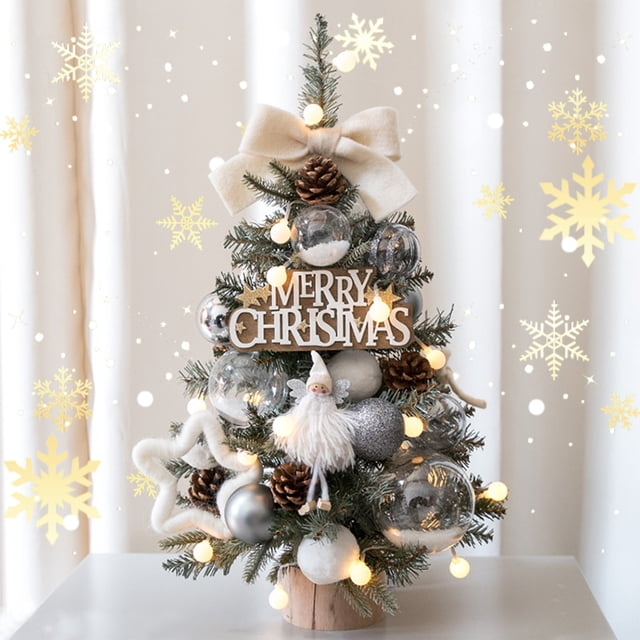 Adornos navideños, adornos navideños, mini árbol de Navidad con cuentas flocadas, adorno navideño para escritorio, árbol de Navidad pequeño con luces de cadena, paisaje simulado para decorar.