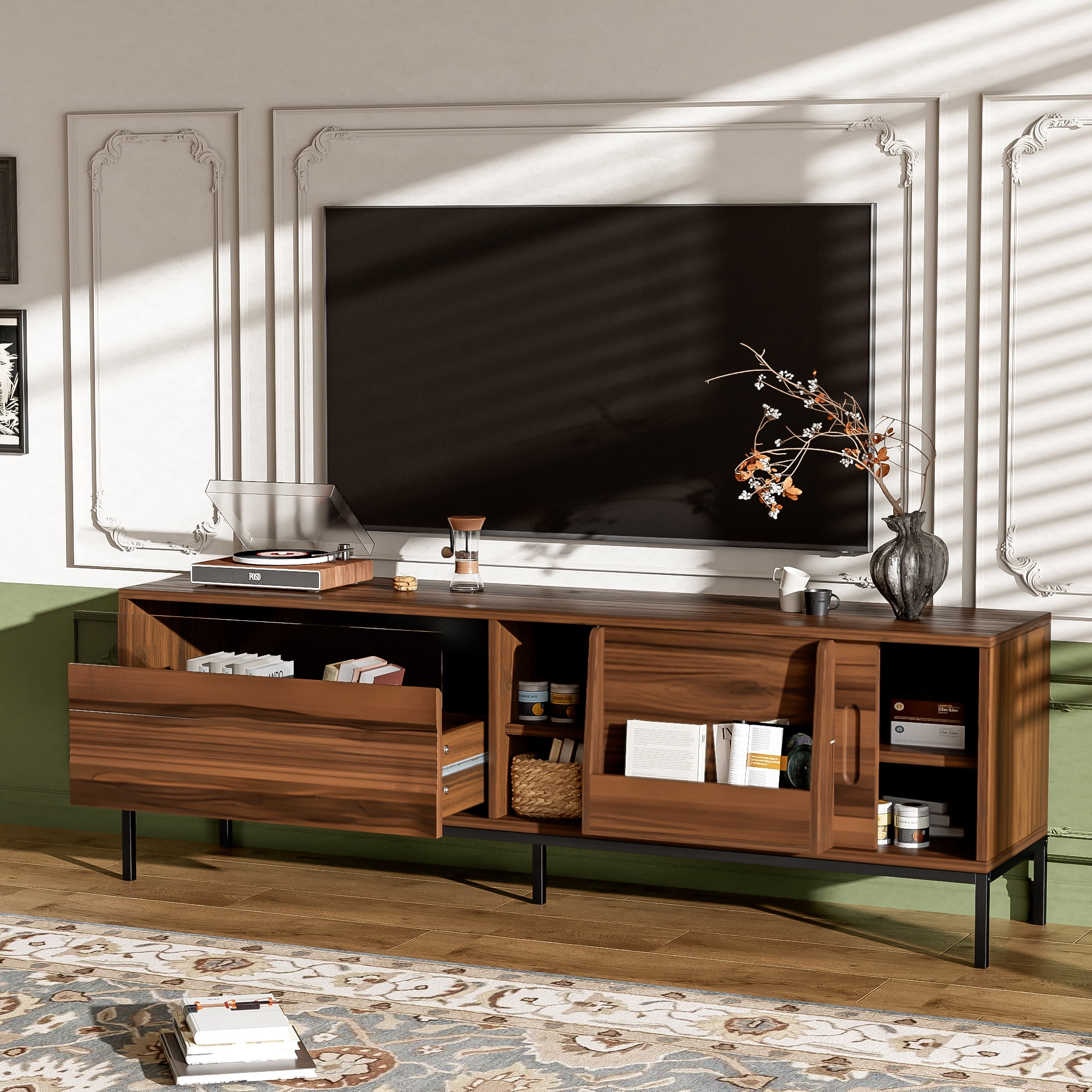 Euroco 70.8'' Modern TV Stand for TVs up to 75 Inches, Entertainment Center with Storage Space, Sliding Doors, Adjustable Shelves and Metal Frame, Mid Century Modern Media TV Console Table
