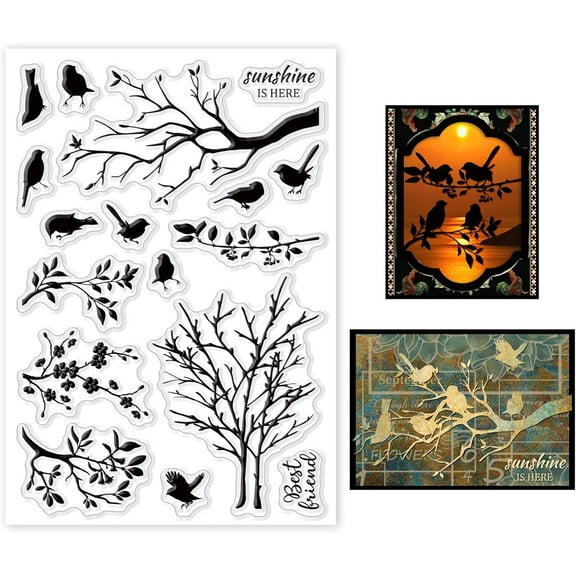 Birds and Branches Clear Stamps for Cards Making Tree Flower Silhouettes Silicone Clear Stamp Seals for DIY Scrapbooking Photo Journal Album Decoration DIY