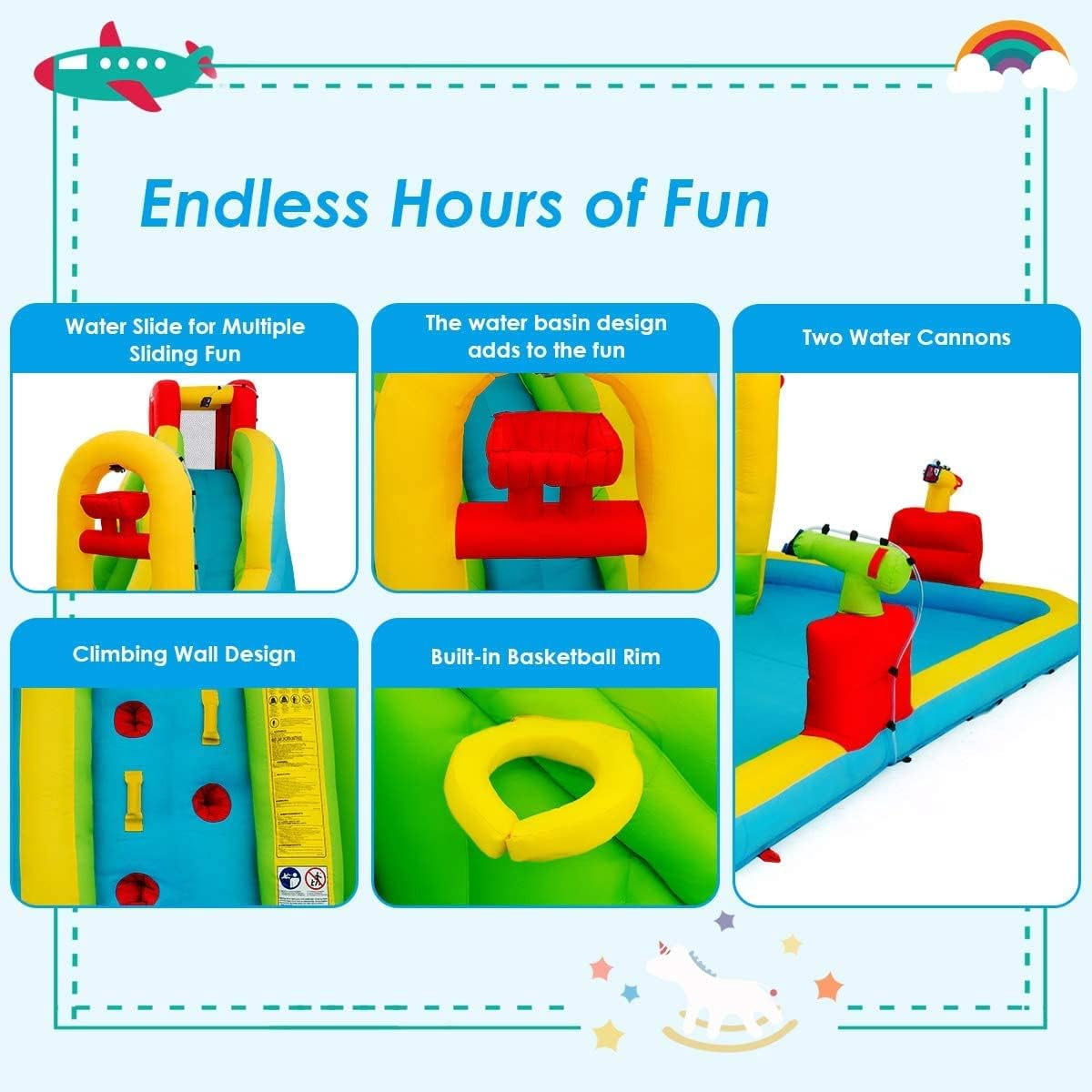 OLAKIDS Inflatable Water Slide, 7 in 1 Bounce House with 2 Slides, Climbing Wall, Splash Pool, Basketball Rim, 2 Water Blasters, Outdoor Water Park with Carrying Bag, Hose