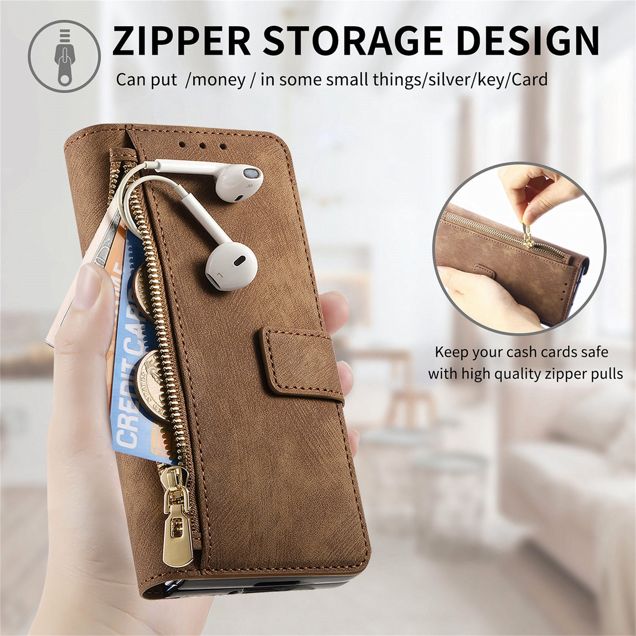 CCSmall for Samsung Galaxy Z Fold 6 5G Detachable Magnetic Wallet Phone Case, RFID Blocking Material Retro Folio Flip Leather Case Zipper Purse Cover with Card Slots for Galaxy Z Fold6 KQX Brown