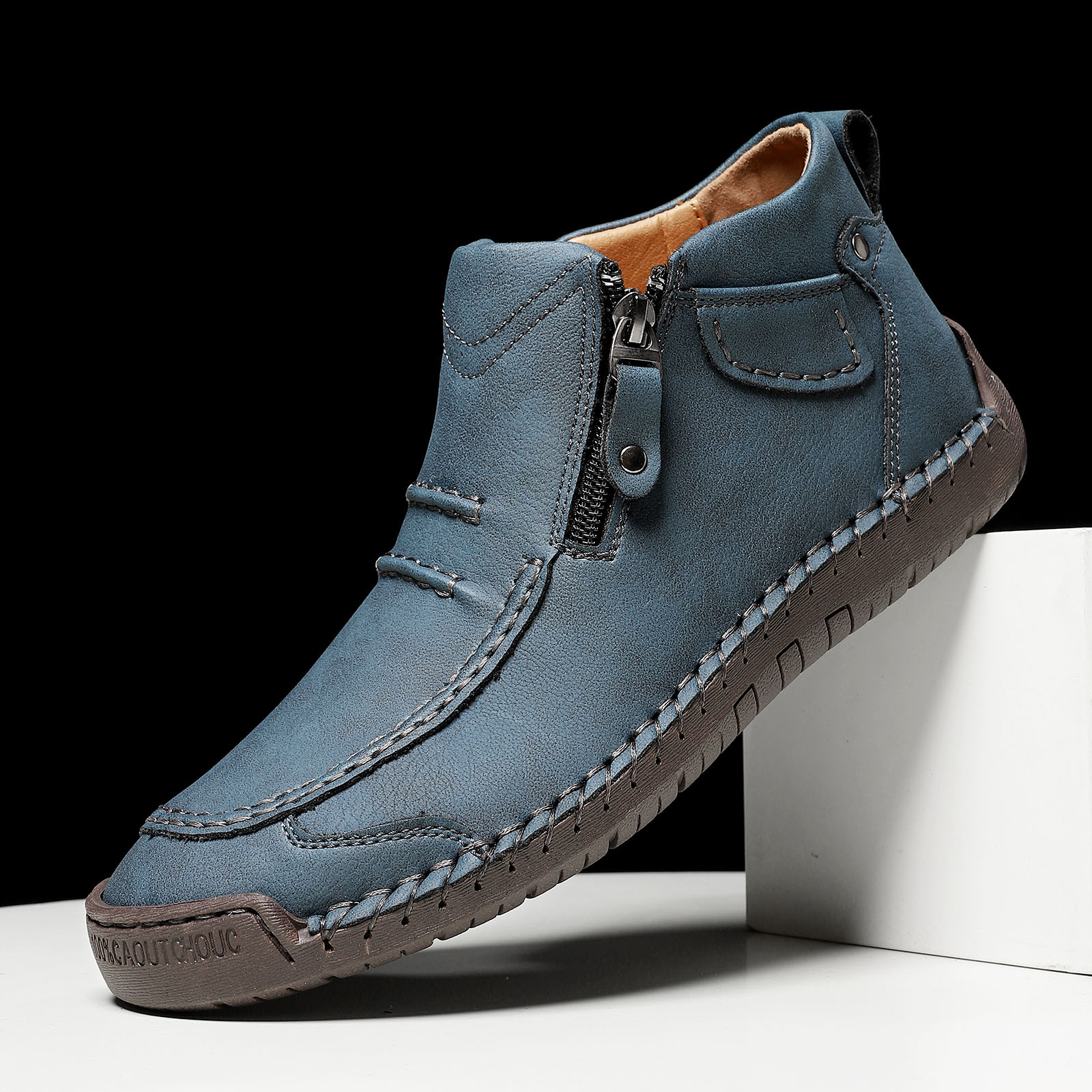 Menâs -On Orthopedic Leather Boots,Menâs Handmade Leather -On Driving Boots,Men Side Zipper Orthopedic Shoes for Driving Hiking