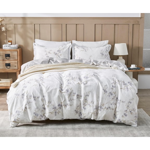 SLEEPBELLA Comforter King Size, 600 Thread Count Cotton White Printed with Purple Botanical Comforter Set,Down Alternative Bedding Set 3Pcs(King, Purple Botanical)