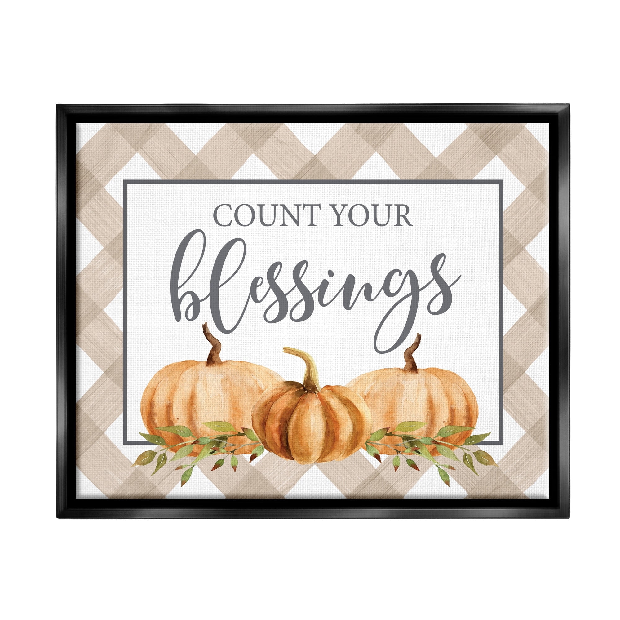 Stupell Industries Count Your Blessings Thankful Pumpkin Tartan Design Graphic Art Jet Black Floating Framed Canvas Print Wall Art, Design by Lettered and Lined