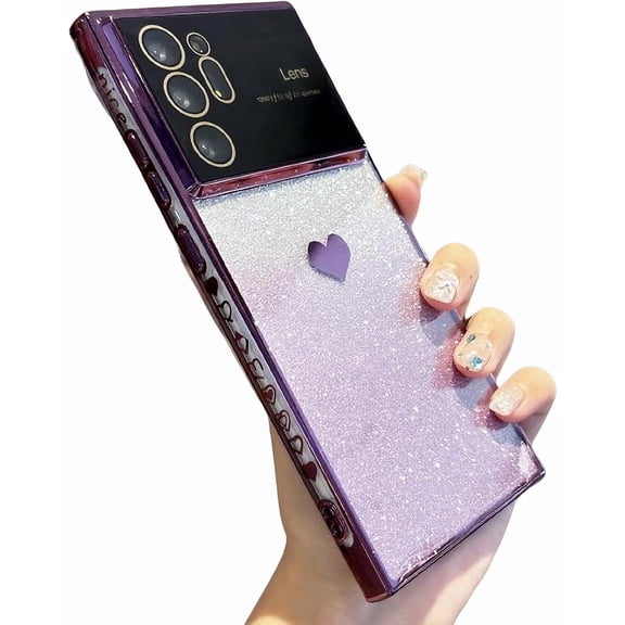 Compatible with Samsung Galaxy Note 20 Ultra Plating Cute Heart Phone Case,Gradient Glitter Bling Clear Case Women Full Camera Protection Soft Cover (Dark Purple, Samsung Galaxy Note 20 Ultra)