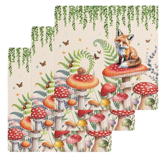 Mushroom Fox Kitchen Dish Towels for Drying Dishes Set of 3, Green Leaf Butterfly Red Retro Plant Waffle Weave Microfiber Hand Tea Bathroom Towels Quick Dry & Absorbent Towel 12x12