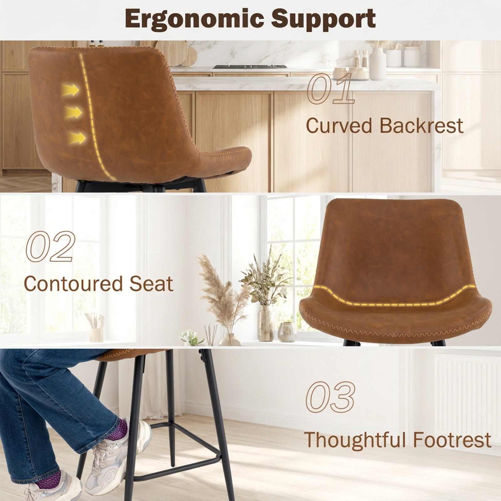 Furnibear 24 Inch Bar Stools Set of 2 with Backs and Footrests for Kitchen Island Counter Bar Pub Dining Home, Brown