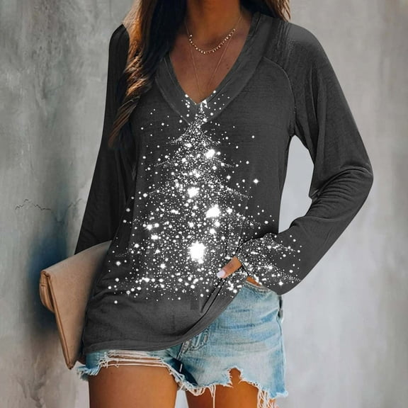 Amidoa Long Sleeve Women Tops Loose Christmas V-Neck Tunic Dressy Sparkly Blouses Womens Shirts L