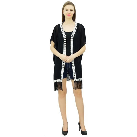 Bimba Women Tassel Coverup Sheer Georgette Trendy Shrug With Lace