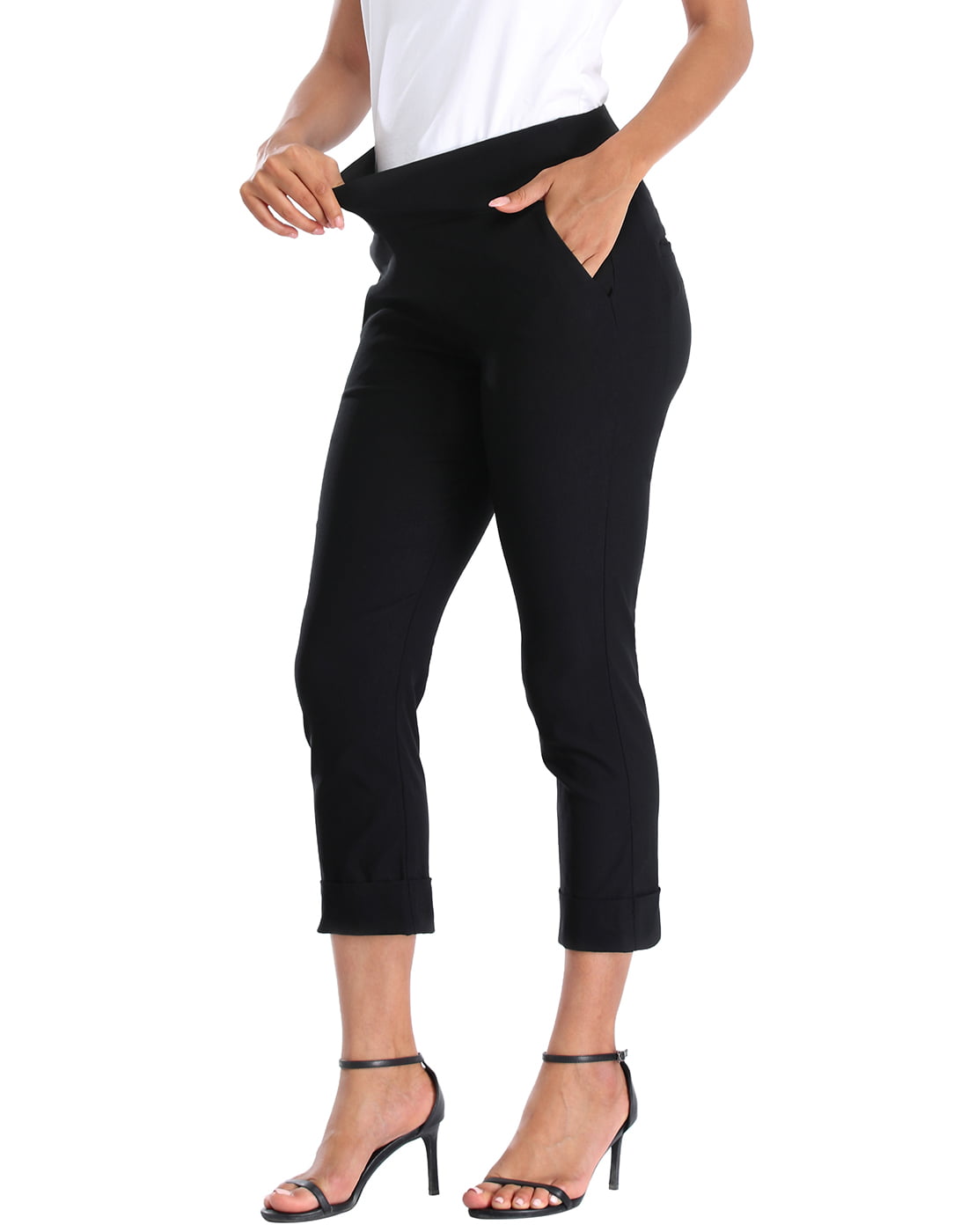 HDE Pull On Capri Pants For Women with Pockets Elastic Waist Cropped Pants  Black - S