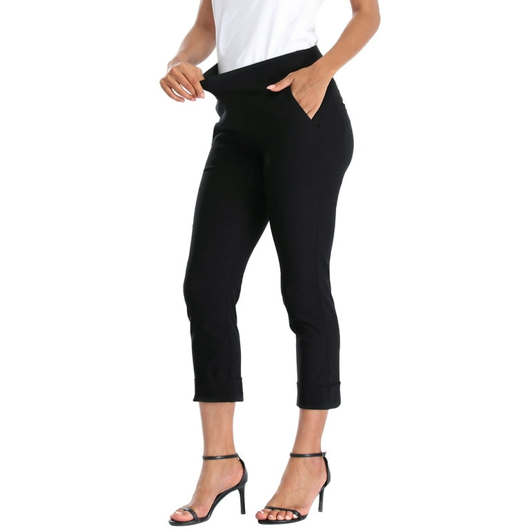 HDE Pull On Capri Pants For Women with Pockets Elastic Waist Cropped Pants  Black - L
