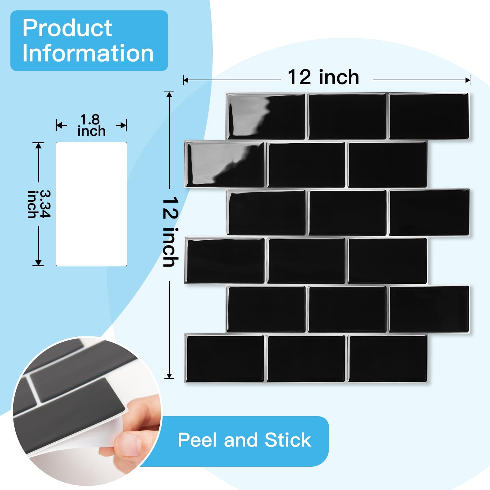 Peel And Stick Black With Grout Wall Tiles - 10-pack Of 12 X12 Thickened Design Backsplash  Self-adhesive Tile For Kitchen & Bathroom Decor