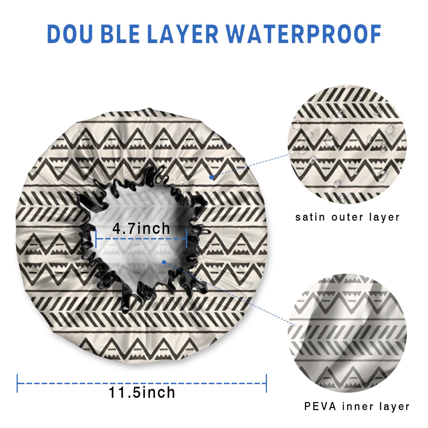 Shower Caps,White Geometric Triangle Chevron Pattern Waterproof Shower Cap for Women 4 Pieces,Double Reusable Hair Cover for Shower PEVA Elastic Stretch Hem