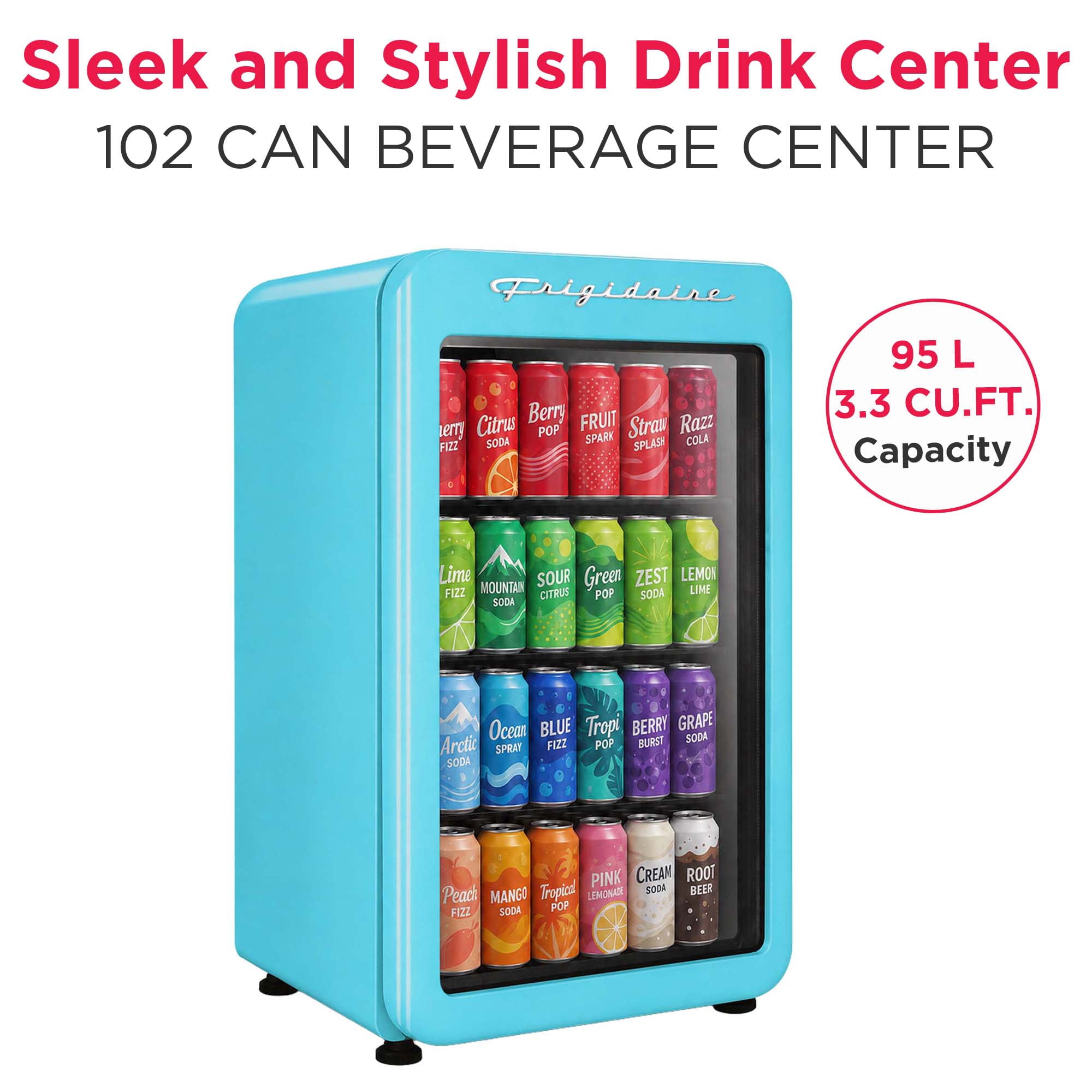 Frigidaire 3.3 Cu. ft. 102 Can Retro Refrigerator, 95 Liter Mini Fridge with Glass Door, Blue