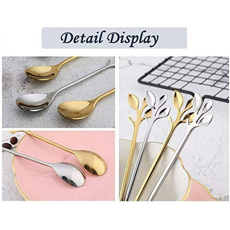 Silverware Set, Stainless steel mixing Stirring spoon creative long handle  Thicken small spoon dessert spoon coffee ice spoons cutlery tableware  (Color : Dark green gold 4pcs)