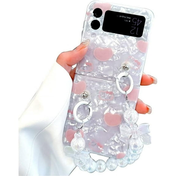 for Galaxy Z Flip 3 Case Cute Design White Shell Love Print, Kawaii Strap Case for Samsung Galaxy Z Flip 3, Lovely Girly Case for Z Flip 3 Luxury Beads Bow Wristband, Fashion Women Case for Flip 3