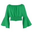thumbnail image 2 of Girls Crop Tops Off Shoulder Bell Long Sleeve Chiffon Blouses Ruffle Smocked Hem Cute Spring Fall Clothes, Green 14-15 Years, 2 of 8
