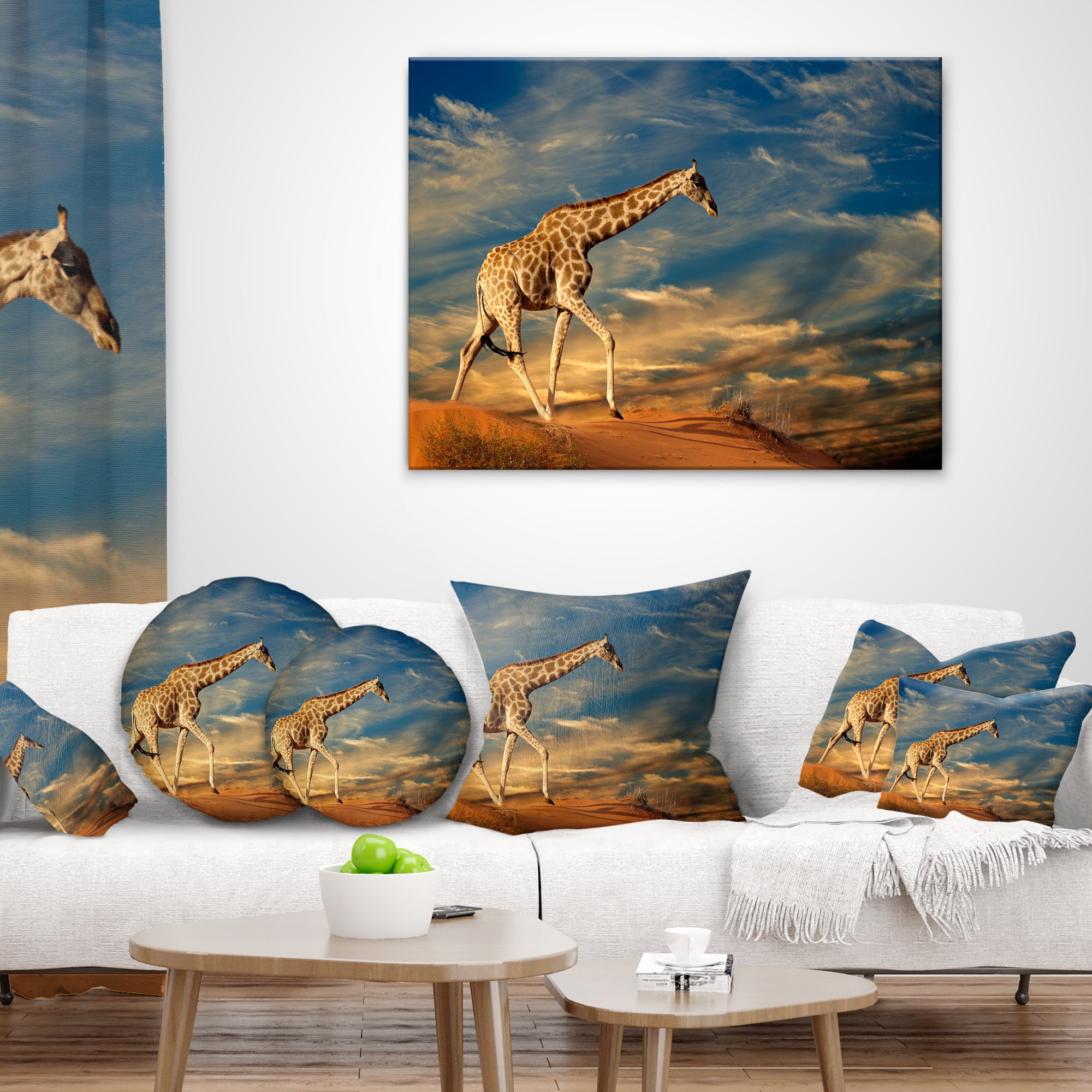 Designart Giraffe on Sand Dune - Animal Throw Pillow - 16x16