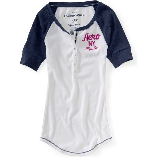 Aeropostale - Camiseta henley de béisbol acanalada para mujer, azul, mediana Aeropostale henley
