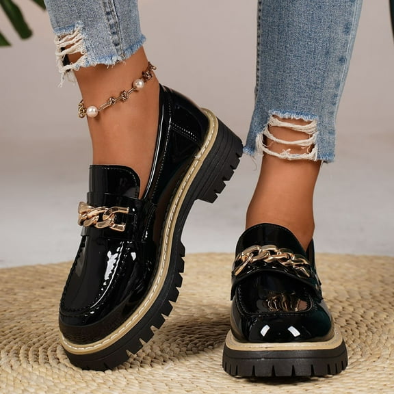 SYMOID Womens Black Chunky Platform Loafers - High-Quality Pu Glossy Finish with Metal Chain, Comfortable Versatile Shoes for Casual Office Semi-formal Wear,Size 43