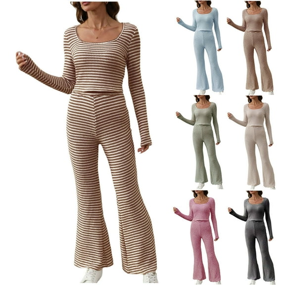 Bovxnpu Women's Pajama Set 2 Piece Lounge Set, Pajamas for Women Set Striped Round Neck Cardigan Long Sleeve Top and Long Pants Sleepwear Sleepwear Loungewear